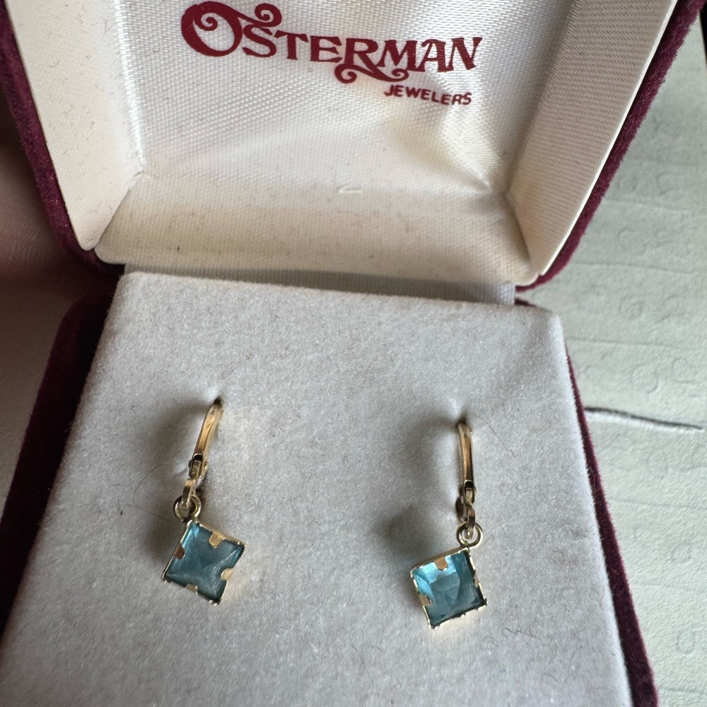 14K Yellow Gold and Aquamarine Osterman Vintage Dangle Earrings in Box 1.2g